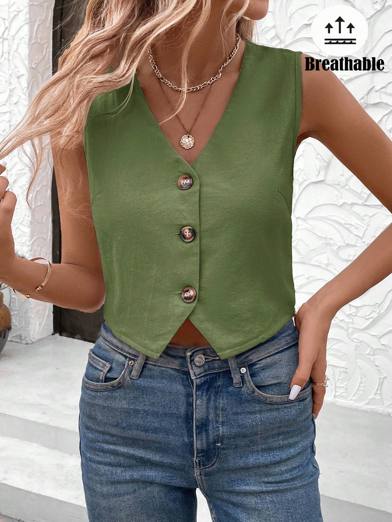 SHEIN LUNE Office Lady Fashionable Solid Color Camisole Vest Shirt Green Top