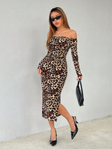 SHEIN PETITE Off-Shoulder Leopard Print Dress With Side Split
