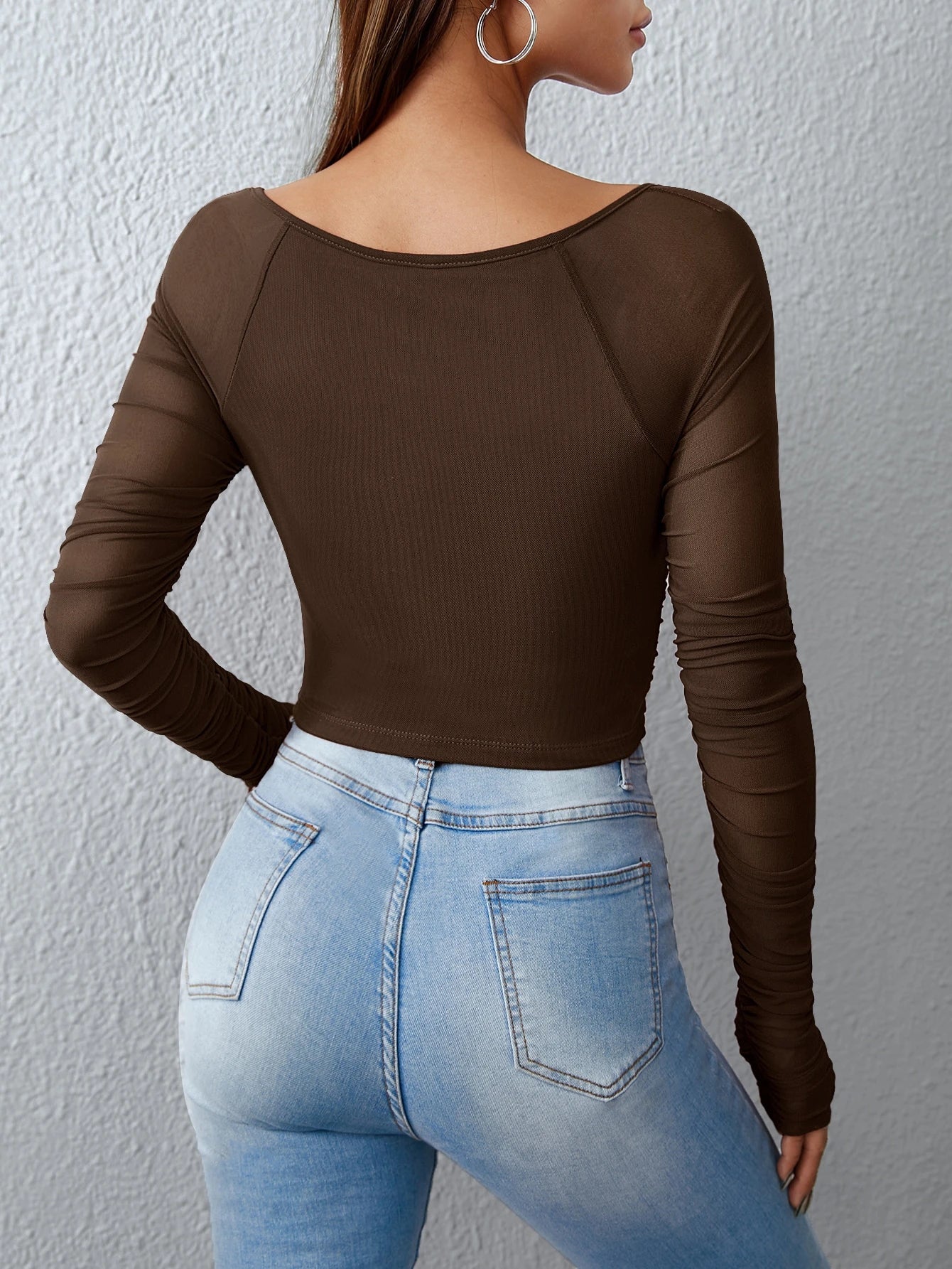 SHEIN Privé Square Neck Ruched Mesh Crop Top