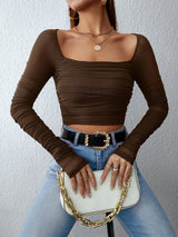 SHEIN Privé Square Neck Ruched Mesh Crop Top