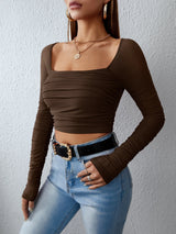 SHEIN Privé Square Neck Ruched Mesh Crop Top