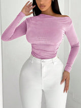 SHEIN SXY Sexy Minimalist Hollow Asymmetrical Shoulder Long Sleeve Pink T-Shirt