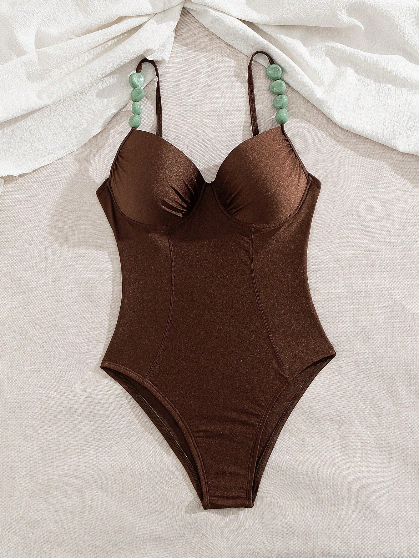 SHEIN Swim Chicsea Shiny Solid Color Push-Up Swimsuit With Non-Removable Padded Underwire, Front