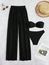 SHEIN Swim Summer Beach Plain Bandeau Bikini Set With Cover Up Pants