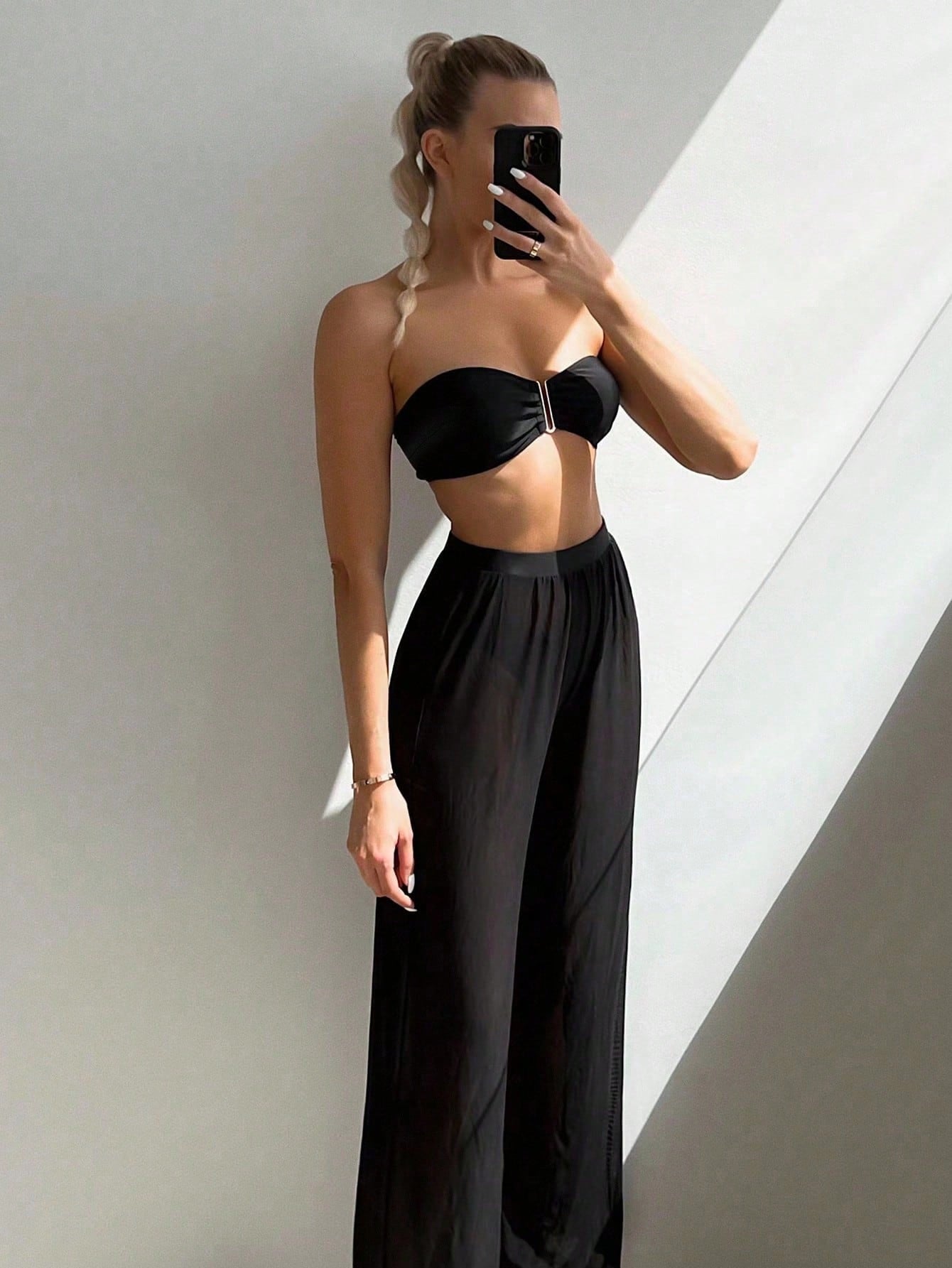 SHEIN Swim Summer Beach Plain Bandeau Bikini Set With Cover Up Pants