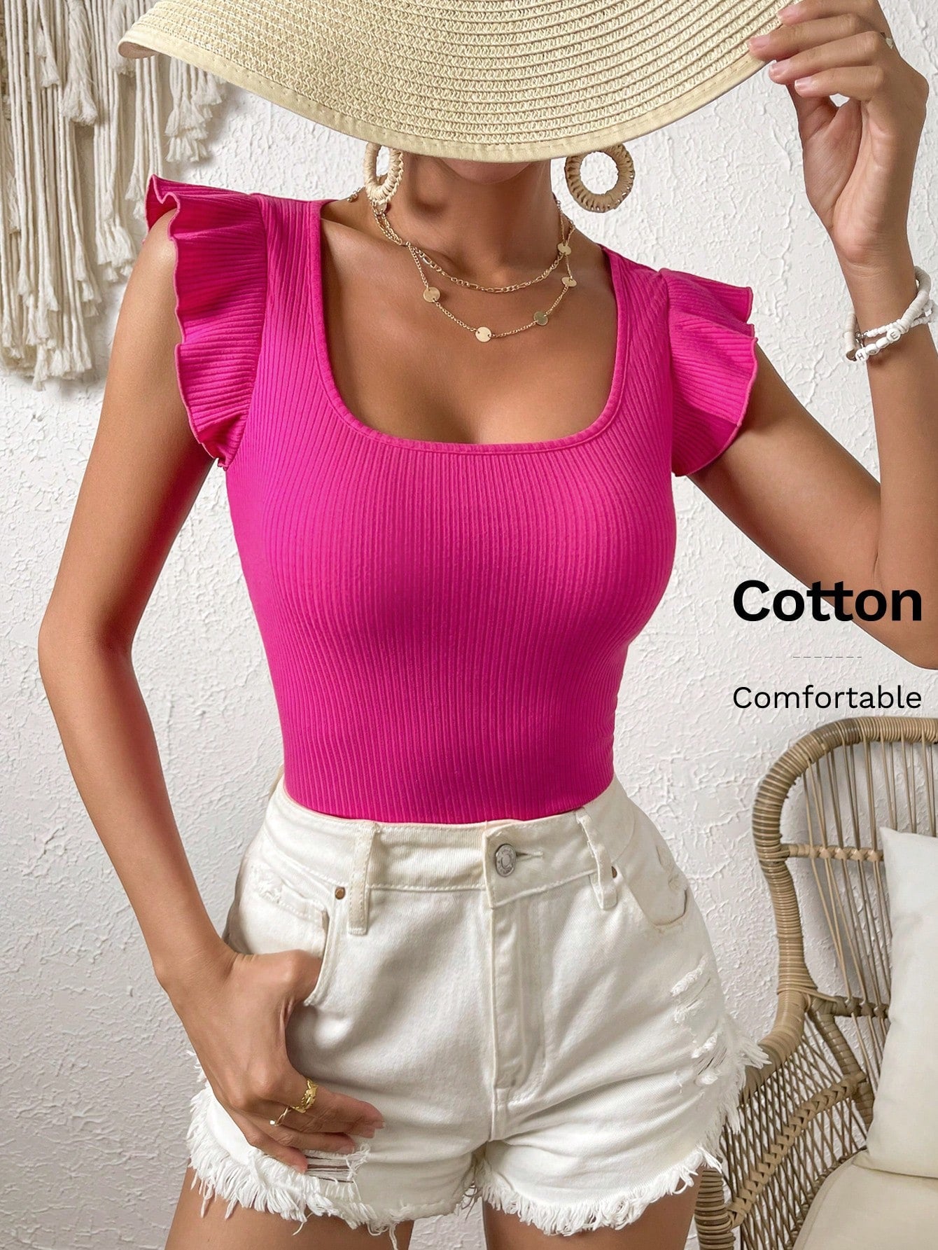 SHEIN VCAY Ruffle Trim Ribbed Summer Beach Women Knit Tee