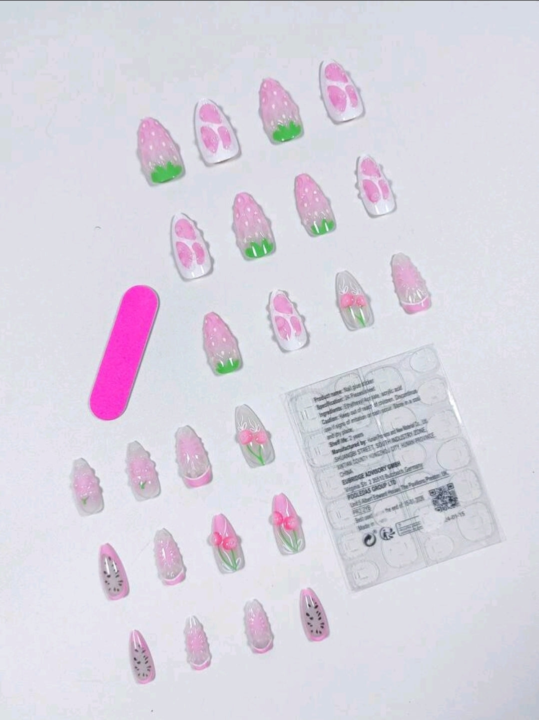 24Pcs Long Almond 3d Gelnails Makes Flower Nails Design French Tip Press On