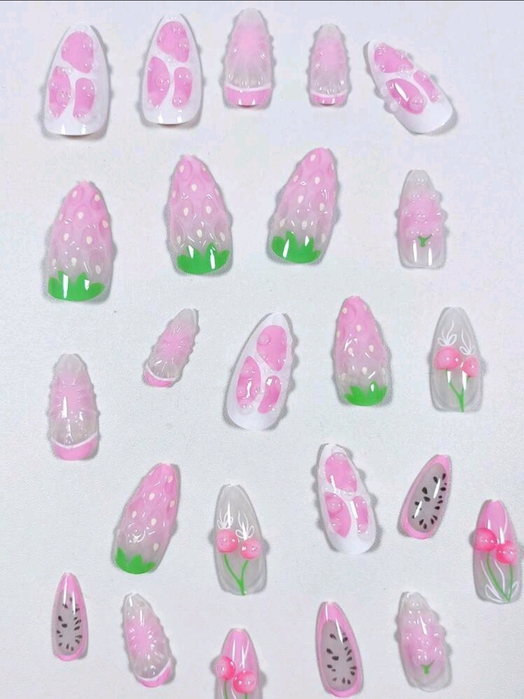 24Pcs Long Almond 3d Gelnails Makes Flower Nails Design French Tip Press On