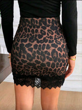 Serisse Women's Fashion Sexy Lace Patchwork Leopard Print Wrap Fitted Mini Skirt