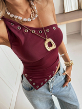 Siren Gaze Women's Wine Red Rivet Hollow One-Shoulder Top Sleeveless