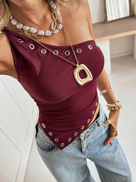 Siren Gaze Women's Wine Red Rivet Hollow One-Shoulder Top Sleeveless