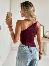 Siren Gaze Women's Wine Red Rivet Hollow One-Shoulder Top Sleeveless