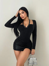 Sirith Women's Autumn/Winter Studded Knit Ruched Long Sleeve Bodysuit