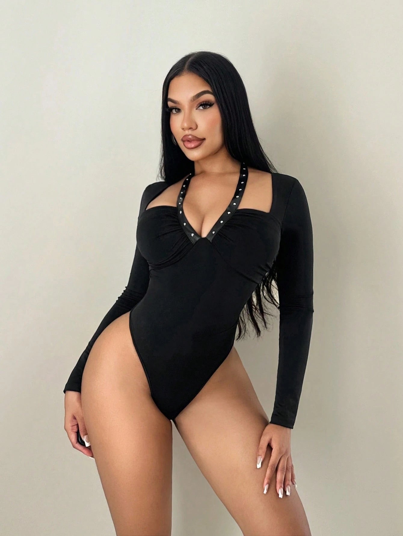 Sirith Women's Autumn/Winter Studded Knit Ruched Long Sleeve Bodysuit