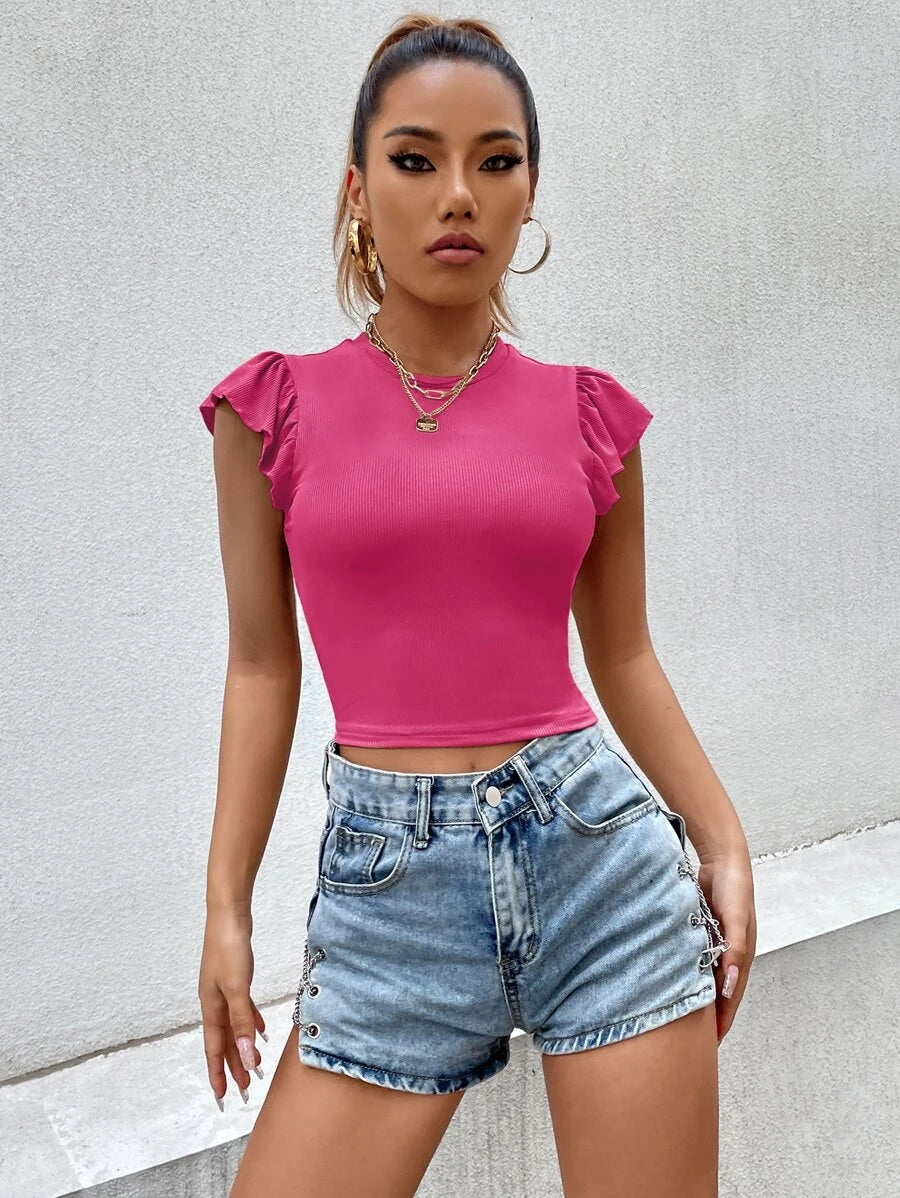 Solid Butterfly Sleeve Crop Tee