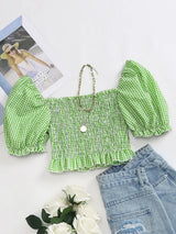 Square Neck Puff Sleeve Gingham Shirred Top