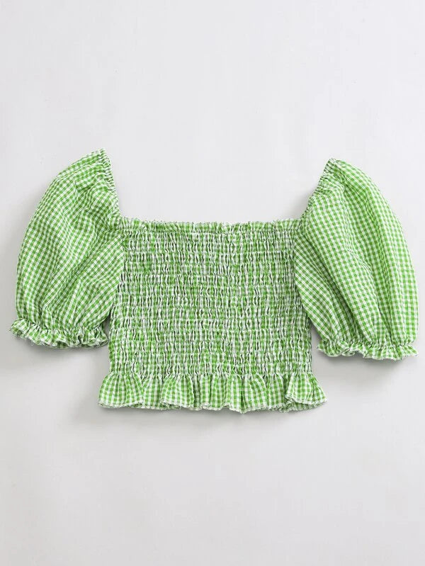 Square Neck Puff Sleeve Gingham Shirred Top