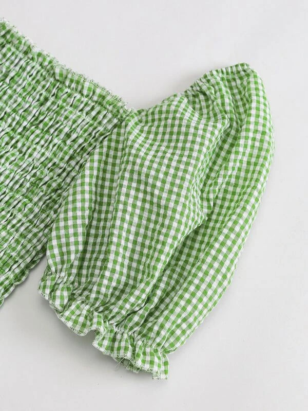 Square Neck Puff Sleeve Gingham Shirred Top