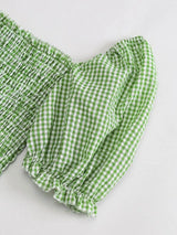 Square Neck Puff Sleeve Gingham Shirred Top