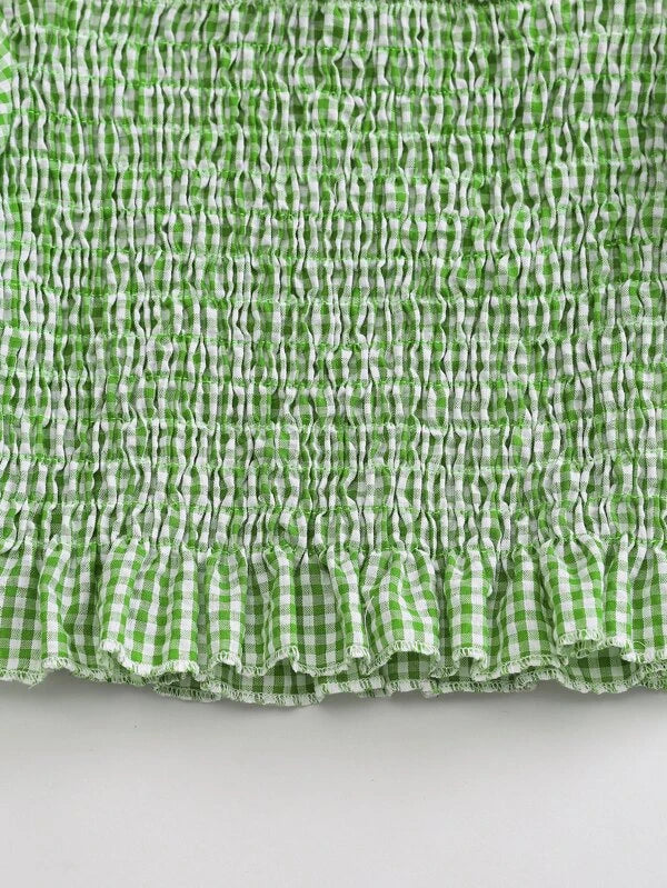 Square Neck Puff Sleeve Gingham Shirred Top