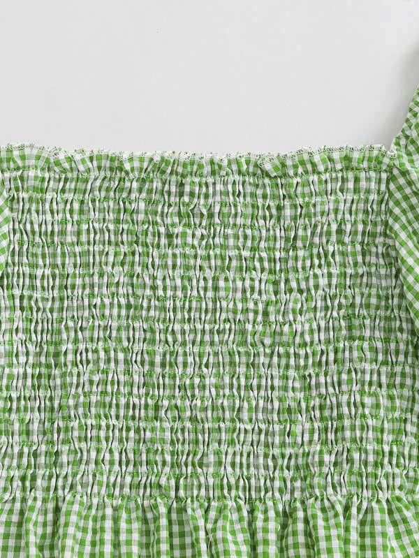 Square Neck Puff Sleeve Gingham Shirred Top