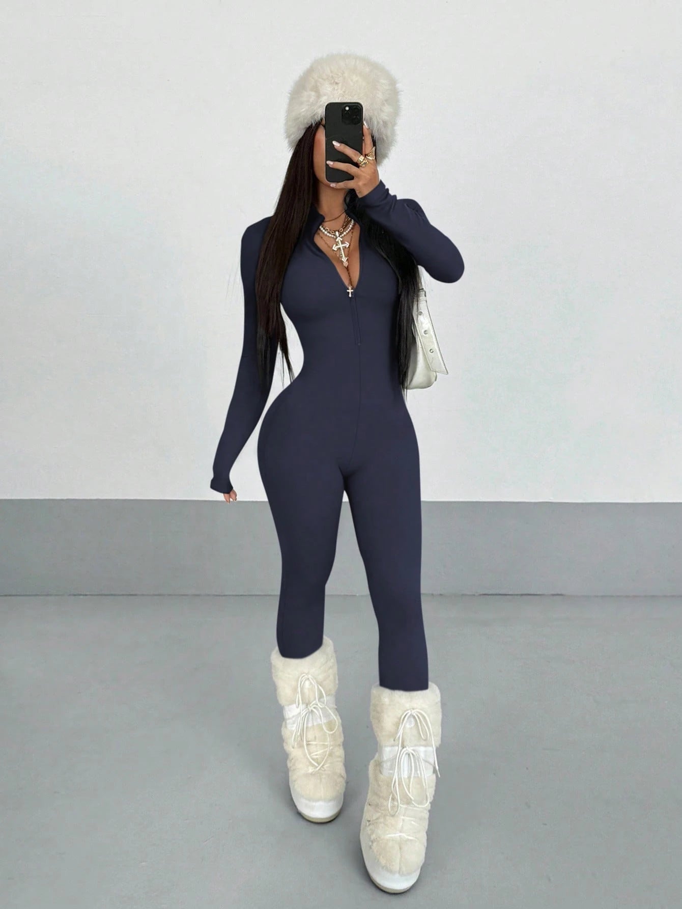 StreetHx Women's Streetwear Solid Color Long Sleeve Half Zip Jumpsuit