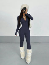 StreetHx Women's Streetwear Solid Color Long Sleeve Half Zip Jumpsuit