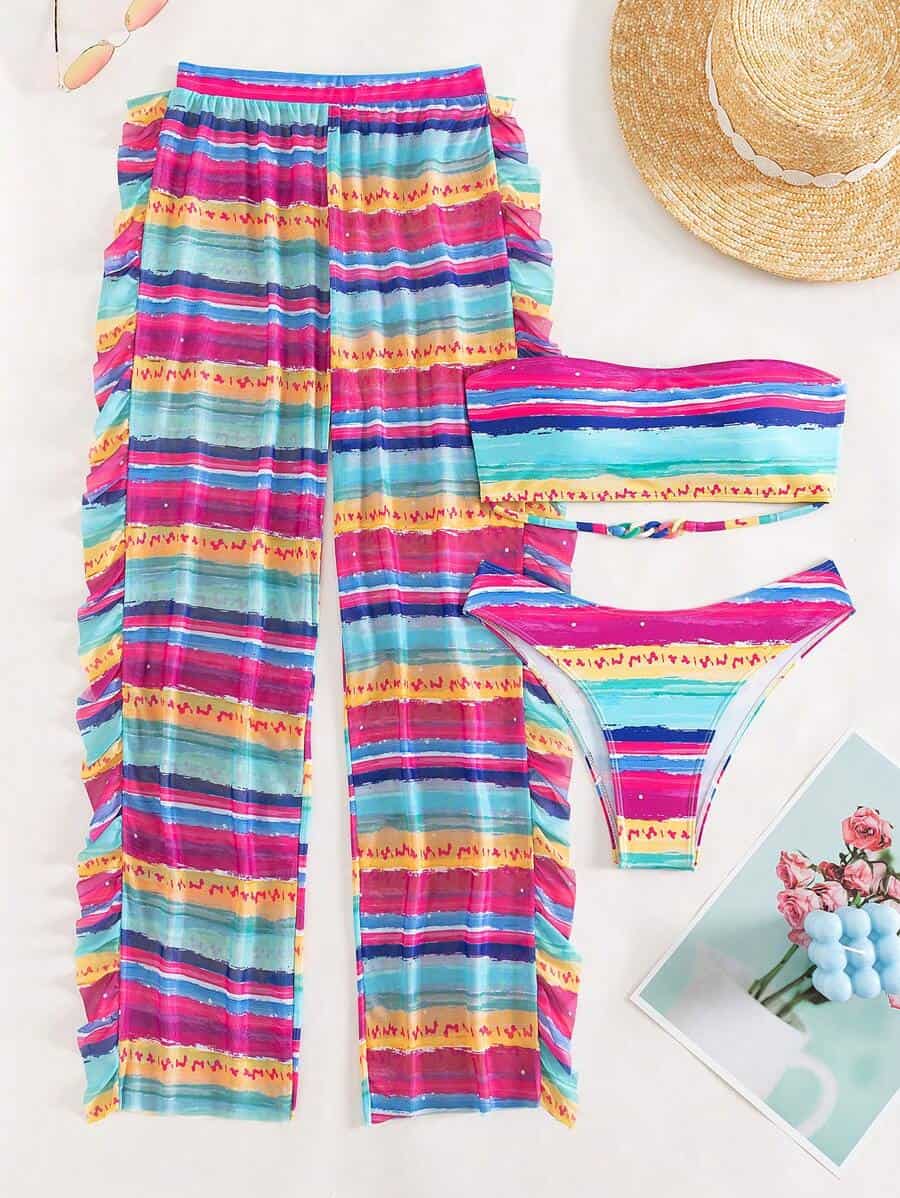 Striped Bandeau Bikini Swimsuit With Ruffle Trim Beach Pants
