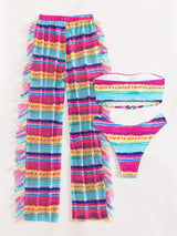 Striped Bandeau Bikini Swimsuit With Ruffle Trim Beach Pants