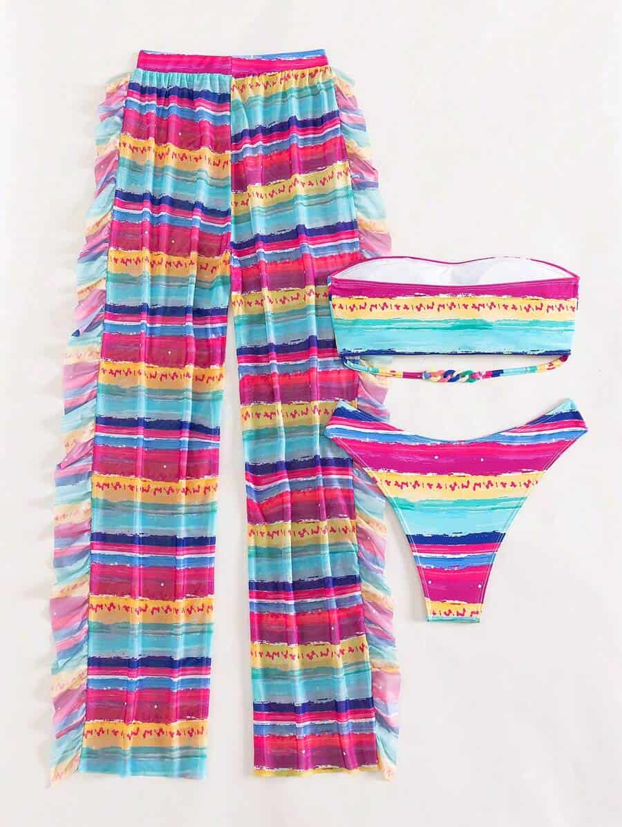 Striped Bandeau Bikini Swimsuit With Ruffle Trim Beach Pants