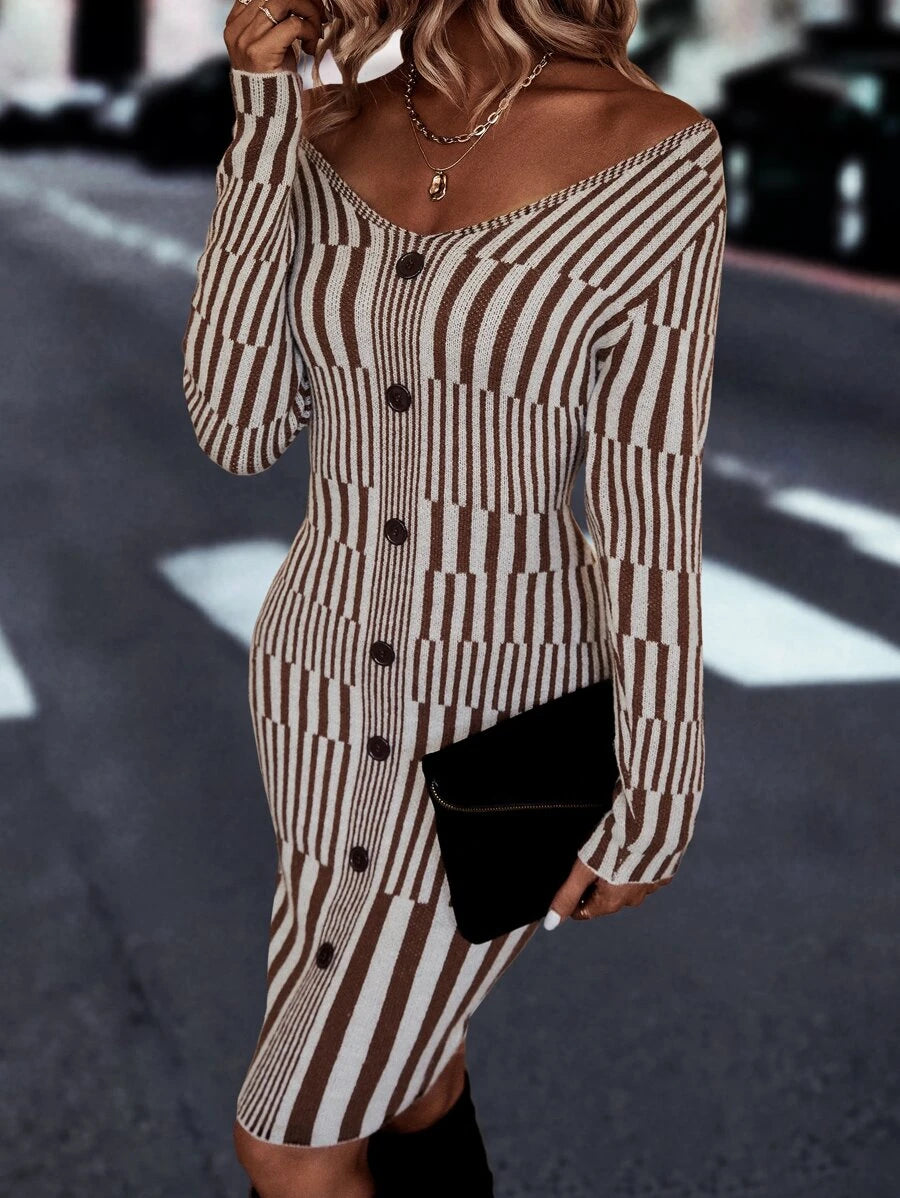 Striped Pattern Button Front Bodycon Sweater Dress