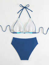 Swim Chiccia Women's New Summer Colorblock Triangle Halter Tie Bikini Set