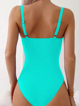 Swim Lushoire Summer Women's Adjustable Metal U-Shaped Decor Green Elegant Fitted Waist Ruched One-Piece Bikini Swimsuit