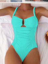 Swim Lushoire Summer Women's Adjustable Metal U-Shaped Decor Green Elegant Fitted Waist Ruched One-Piece Bikini Swimsuit