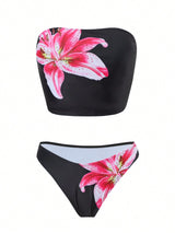 Swim SXY Women's Sexy High Cut Red Floral Print Bandeau And Bottoms Tankini Swimsuit