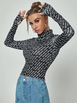 Thumb Holes Allover Letter Graphic Tee