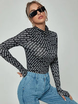 Thumb Holes Allover Letter Graphic Tee