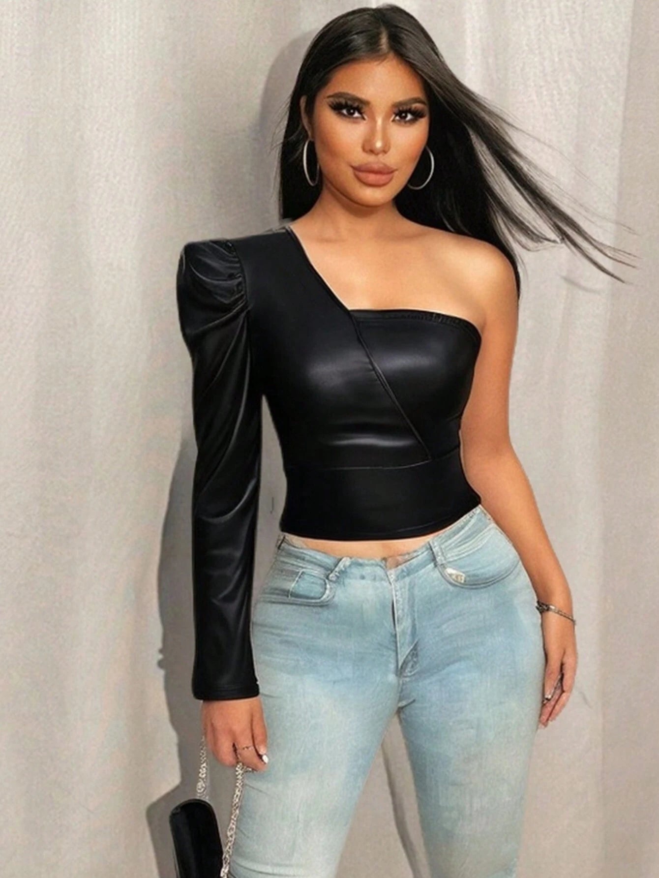 VaVaBold Luxurious Elegant PU Leather Gigot Sleeve Asymmetric Shoulder Women