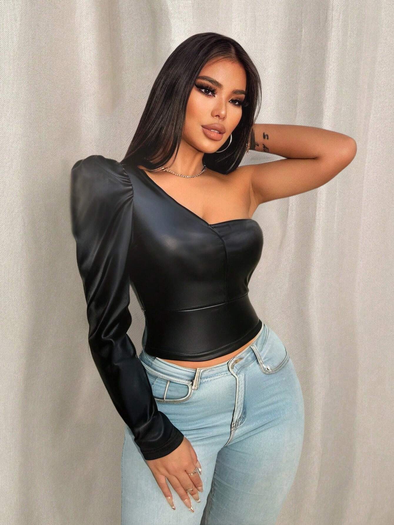 VaVaBold Luxurious Elegant PU Leather Gigot Sleeve Asymmetric Shoulder Women