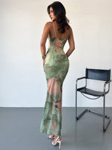 Women's Elegant Minimalist Delicate Romantic Fashion Saint Patrick's Draped Neck Abstract Green Floral Print Bodycon Dress
