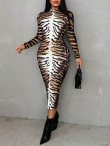 Women's Stand Collar Long Sleeve Printed Slim Fit Dress