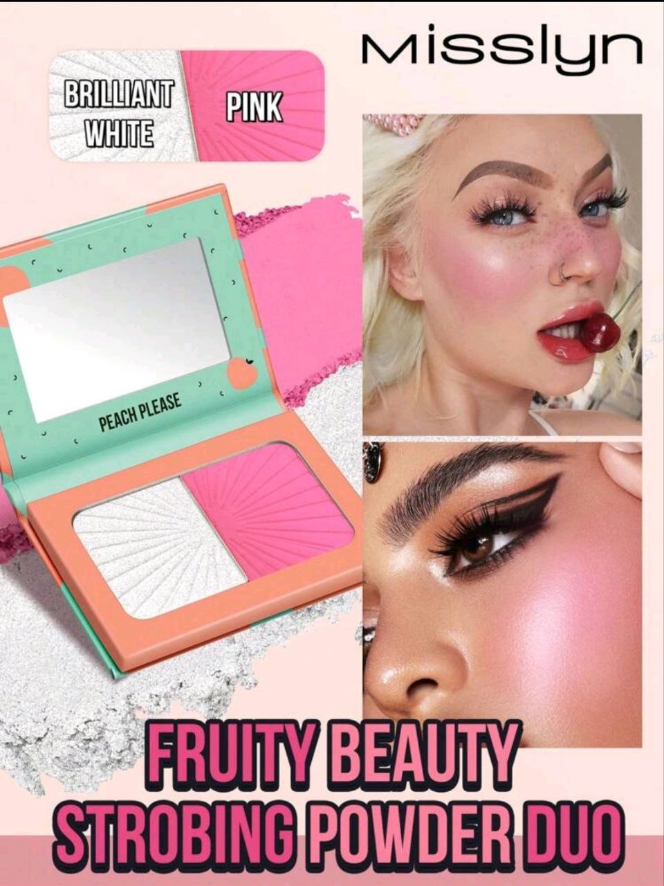 MissIyn Fruity Beauty Strobing Highlighter &amp; Highlighter Set, Shimmery Metallic Finish Brilliant White+Pink